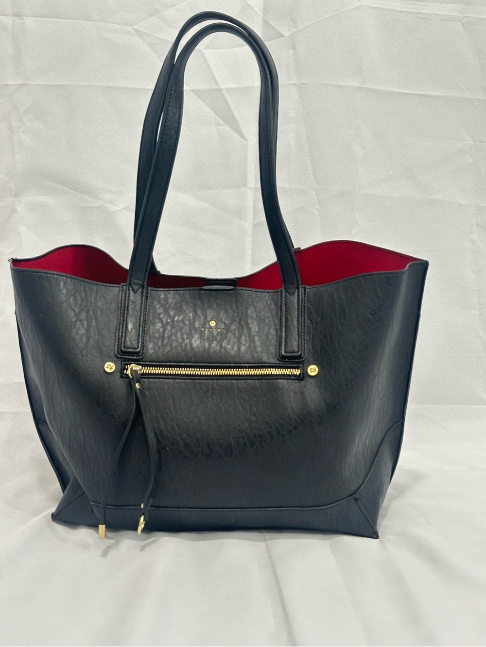 Travanti Black Tote Bag with Red Interior - Classic Women’s Shoulder Tote